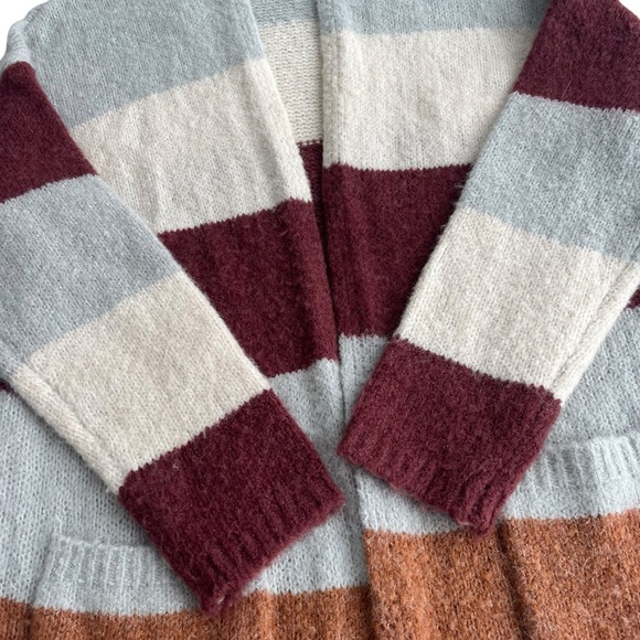 Entro Women’s Med Cream Burgundy Colorblock Stripe Open Duster Longline Cardigan - Picture 11 of 16